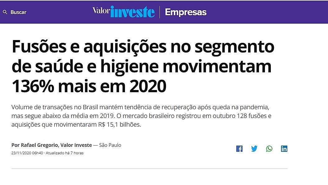 Fuses e aquisies no segmento de sade e higiene movimentam 136% mais em 2020